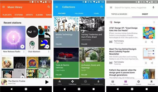 從左到右分別是 Play Music，Google Plus 及 Play Newsstand